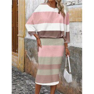 LUNE Women Casual Colorful Striped 2 Piece Set, Suitable For Autumn/Winter
